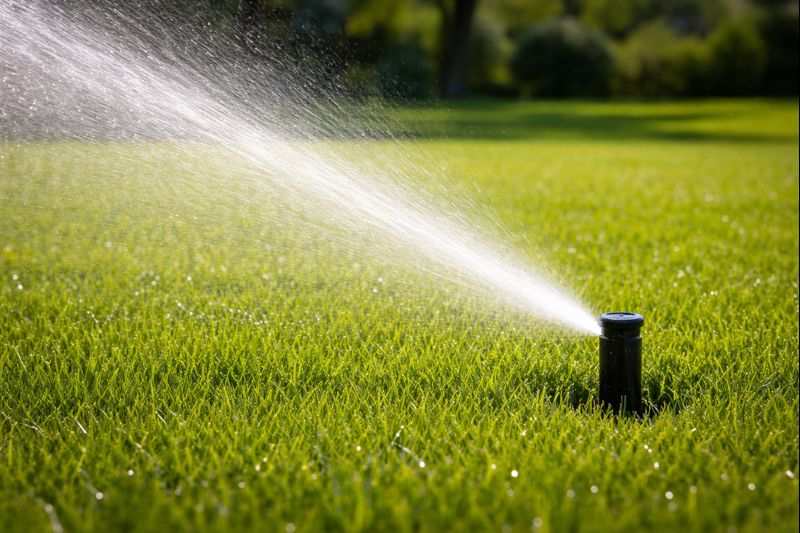Pop-up sprinkler watering a healthy lawn with even coverage