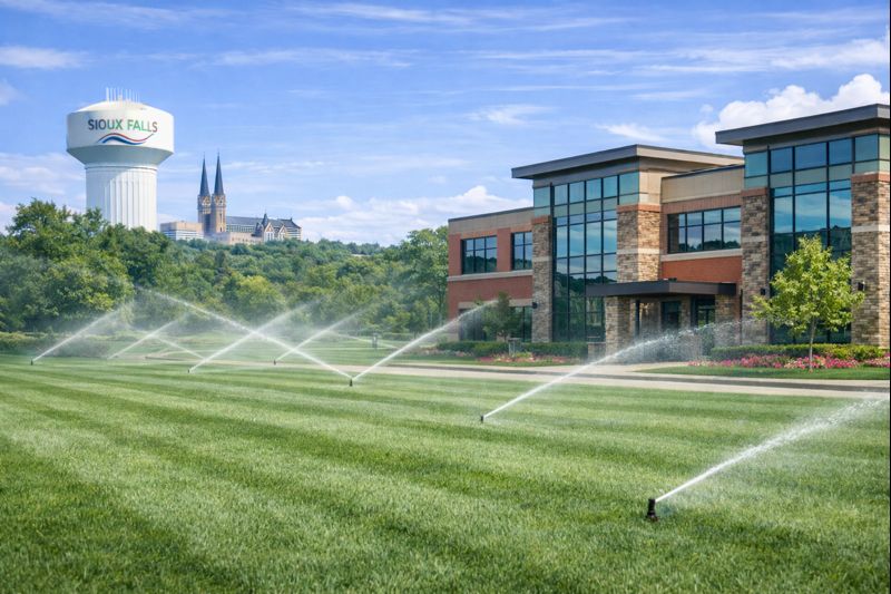 Commercial turf evenly watered with consistent sprinkler coverage