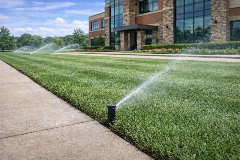 Clean commercial irrigation installation with finished turf and tidy edges