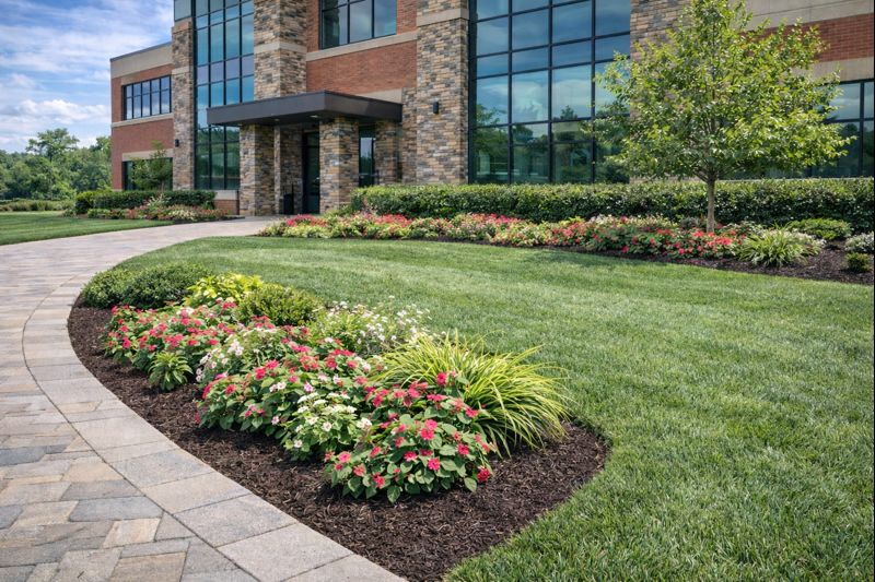 Commercial building landscape beds refreshed with clean edging and mulch