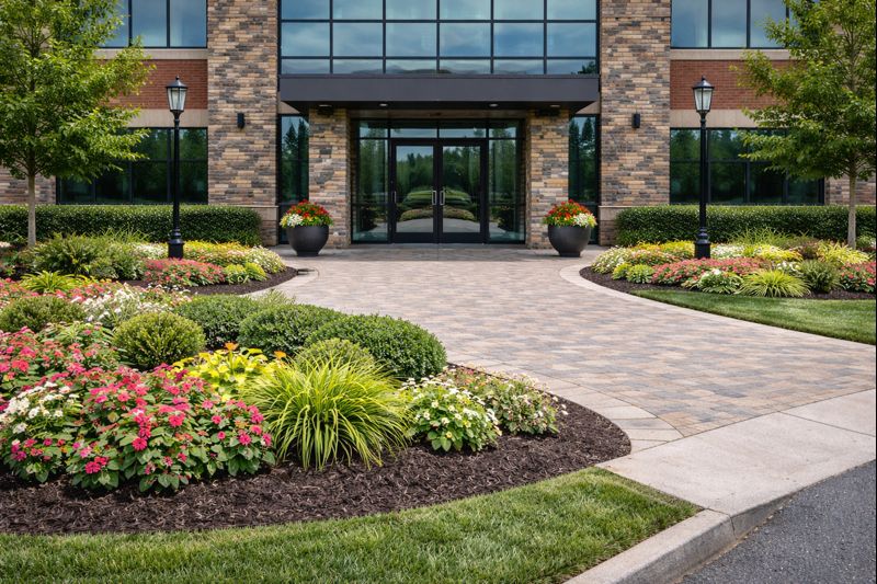 Commercial property entrance landscaping with clean lines and defined borders