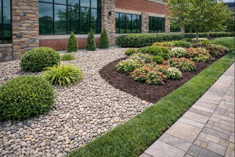 Commercial landscaping with rock or mulch installed evenly and professionally