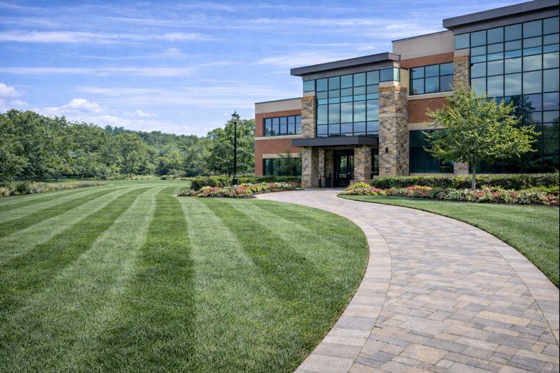 Commercial property lawn maintained with clean lines and consistent mowing