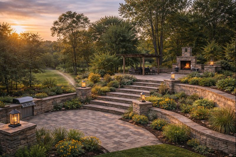Custom hardscaping with stone retaining walls and outdoor living spaces in Sioux Falls SD