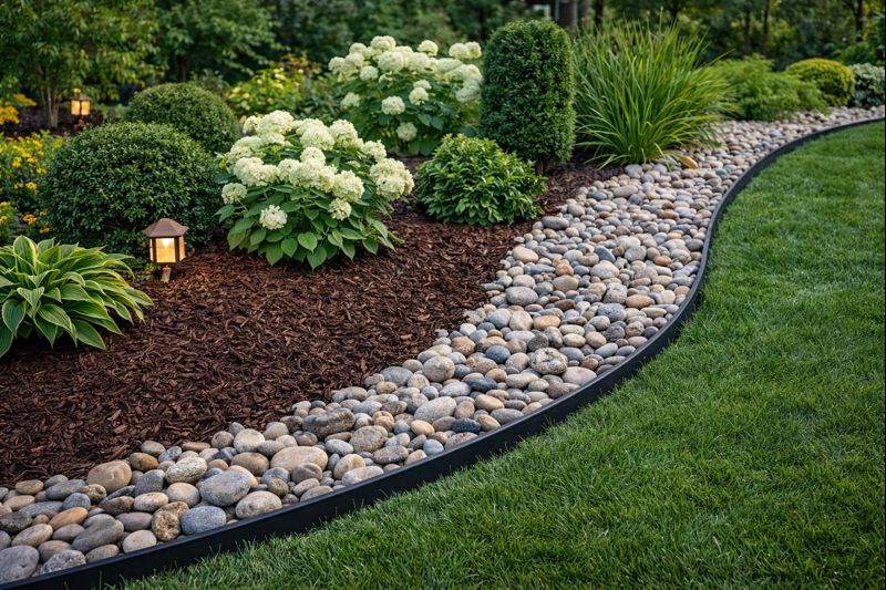 Fresh mulch and rock landscape beds with clean edging in Sioux Falls SD