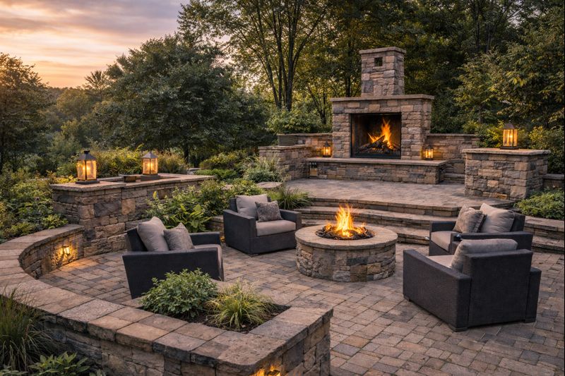 Outdoor fire feature and patio hardscape designed for comfort and durability