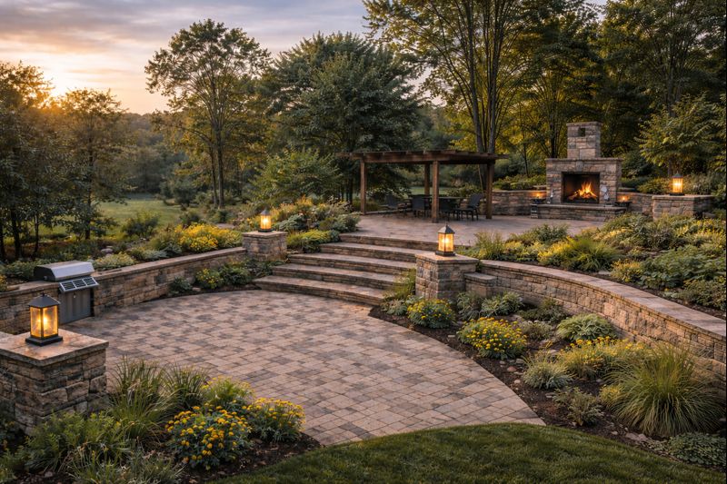 Stone retaining wall and outdoor living terrace hardscape design